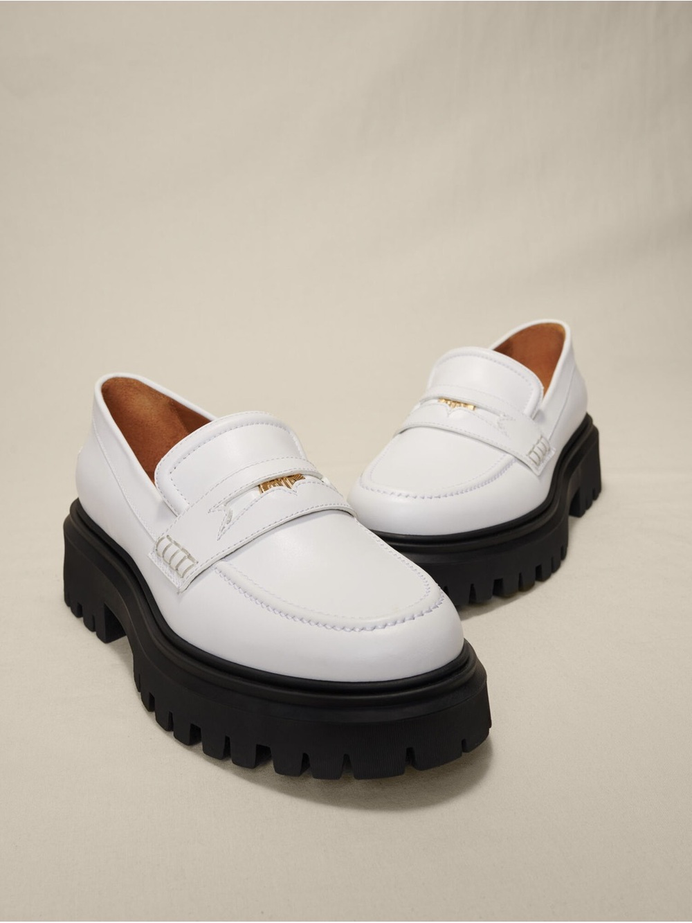 Maje White Leather Platform Chunky Lug Sole Loafers